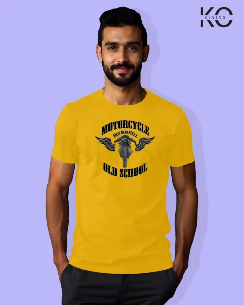 Image of Yellow Color Motorcycle t-shirts featuring graphics of Old School for bike riders & adventure seekers