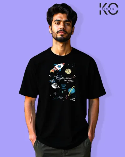 Image of Graffiti inspired design black color Drop Shoulder t-shirt with Out of the World that print for hip hop lovers