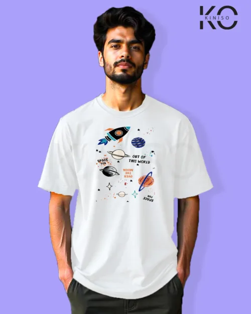 Image of Graffiti inspired design white color Drop Shoulder t-shirt with Out of the World that print for hip hop lovers