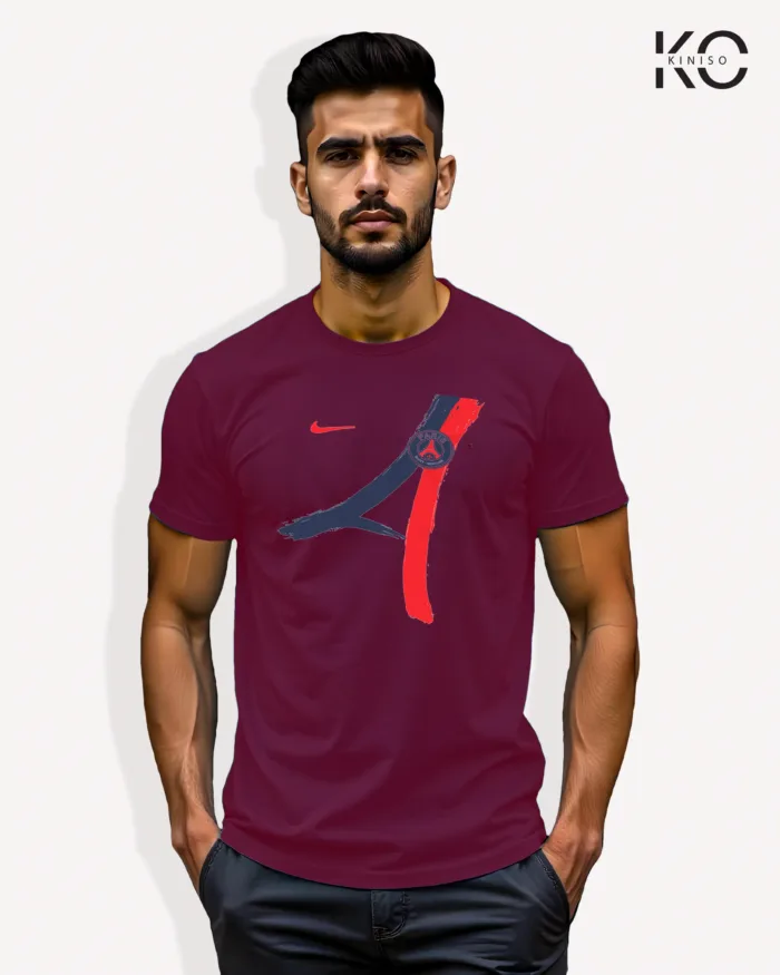 Image of Football inspired design half sleeve t-shirt | PSG Sign Maroon