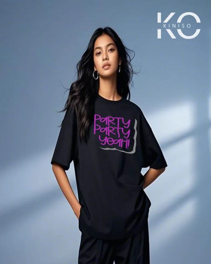 Image of Party Party Yeah Printed Black color drop shoulder t-shirt for k-pop fan girls in Bangladesh by Kiniso