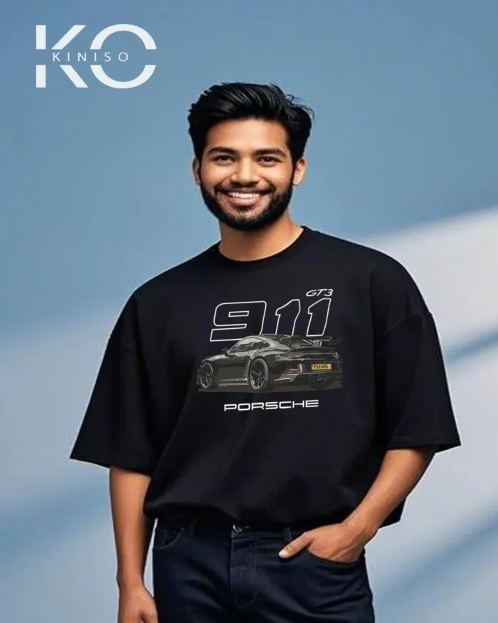 Image of Kiniso Black Color Porsche 911 Print Drop Shoulder T-Shirt for Car Lovers