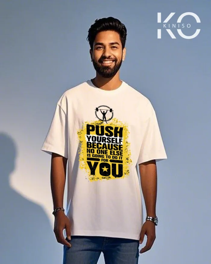 Image of Kiniso GYM themed white color drop shoulder t-shirt with Push Yourself design printed for fitness freak Bangladeshis