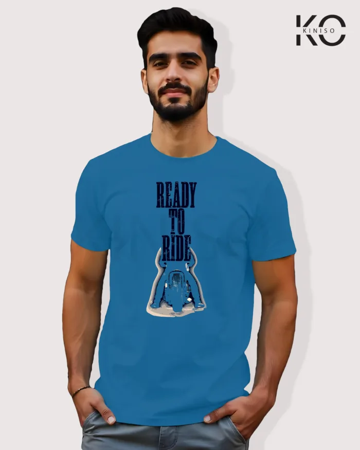 Image of Ocean Blue Green Color Motorcycle t-shirts featuring graphics of Ready to Ride for bike riders & adventure seekers