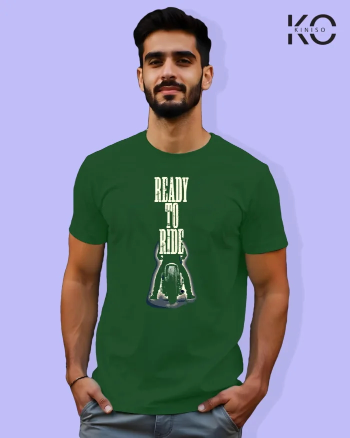 Image of Bottle Green Color Motorcycle t-shirts featuring graphics of Ready to Ride for bike riders & adventure seekers