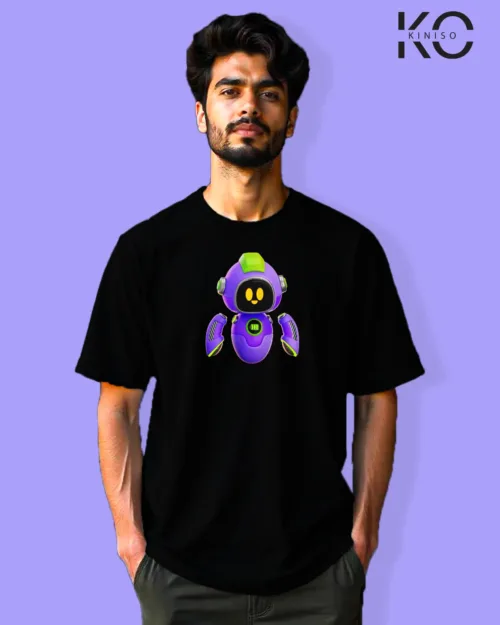 image of Gaming inspired black color Drop Shoulder t-shirt with Robot Assistance design for gamer in Bangladesh