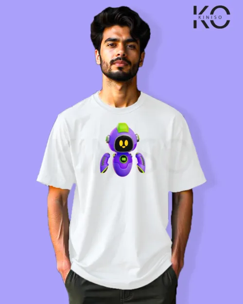 image of Gaming inspired White color Drop Shoulder t-shirt with Robot Assistance design for gamer in Bangladesh