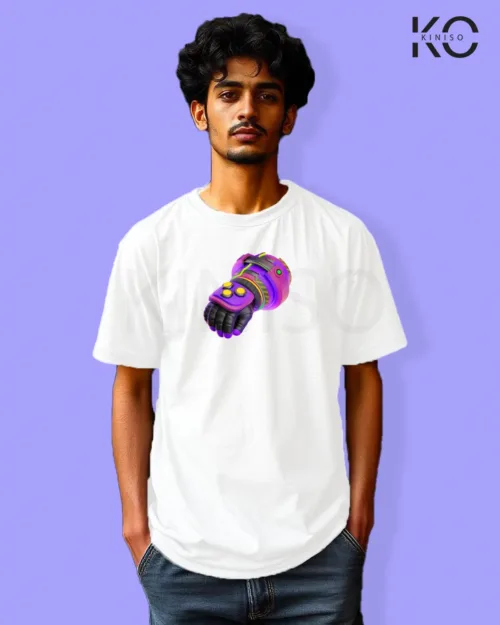 image of Gaming inspired white color Drop Shoulder t-shirt with Robot Gloves design for gamer in Bangladesh