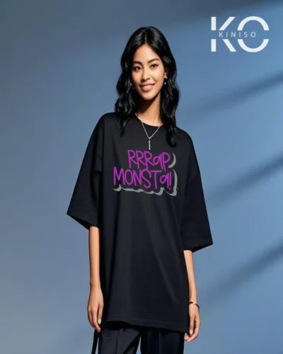 Image of Rrrap Monsta Printed Black color drop shoulder t-shirt for k-pop fan girls in Bangladesh by Kiniso