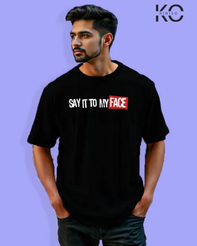 Image of Graffiti inspired design black color Drop Shoulder t-shirt with Say it on my face that print for hip hop lovers