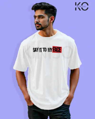 Image of Graffiti inspired design white color Drop Shoulder t-shirt with Say it on my face that print for hip hop lovers