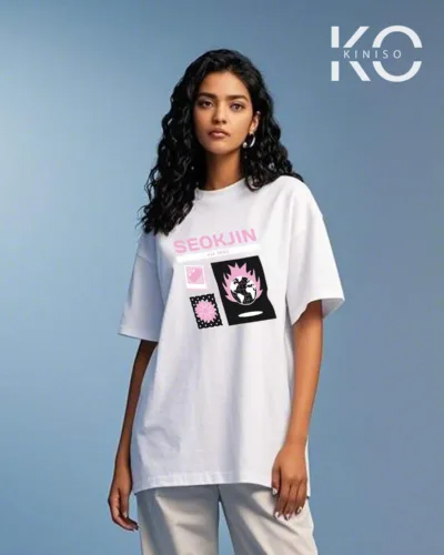 Image of Seokjin Me Printed White color drop shoulder t-shirt for k-pop fan girls in Bangladesh by Kiniso