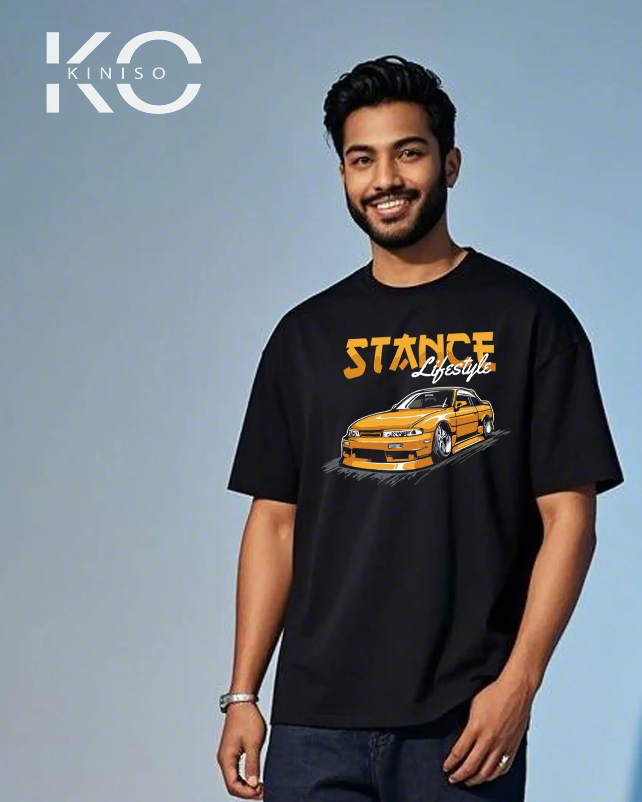 Image of Kiniso Black Color Stance Lifestyle Print Drop Shoulder T-Shirt for Car Lovers