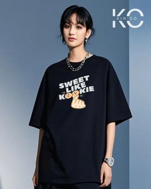 Image of Sweet Like Cookie Printed Black color drop shoulder t-shirt for k-pop fan girls in Bangladesh by Kiniso