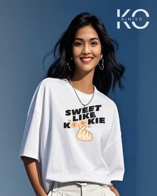 Image of Sweet Like Cookie Printed White color drop shoulder t-shirt for k-pop fan girls in Bangladesh by Kiniso