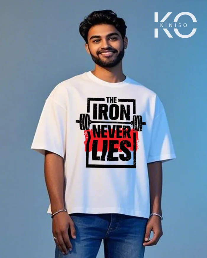 Image of Kiniso GYM themed white color drop shoulder t-shirt with The Iron Never Lies design printed for fitness freak Bangladeshis