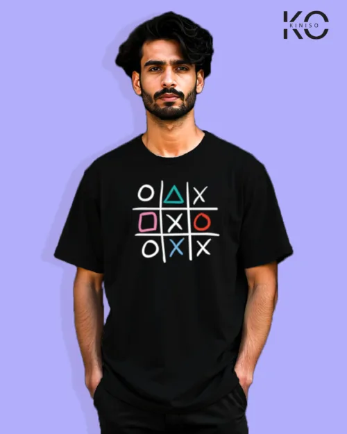 image of Gaming inspired black color Drop Shoulder t-shirt with Tic-tac-toe design for gamer in Bangladesh