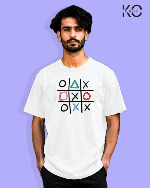 image of Gaming inspired white color Drop Shoulder t-shirt with Tic-tac-toe design for gamer in Bangladesh