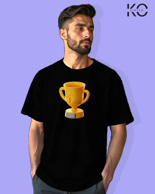 image of Gaming inspired black color Drop Shoulder t-shirt with Trophy design for gamer in Bangladesh