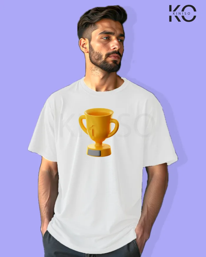 image of Gaming inspired white color Drop Shoulder t-shirt with Trophy design for gamer in Bangladesh