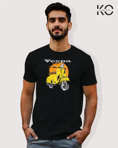 Image of Balck Color Motorcycle t-shirts featuring graphics of Vespa Motorbike for bike riders & adventure seekers