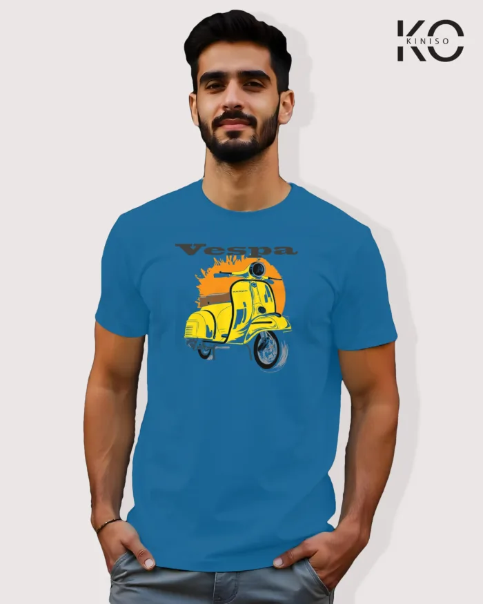 Image of Ocean Blue Color Motorcycle t-shirts featuring graphics of Vespa Motorbike for bike riders & adventure seekers