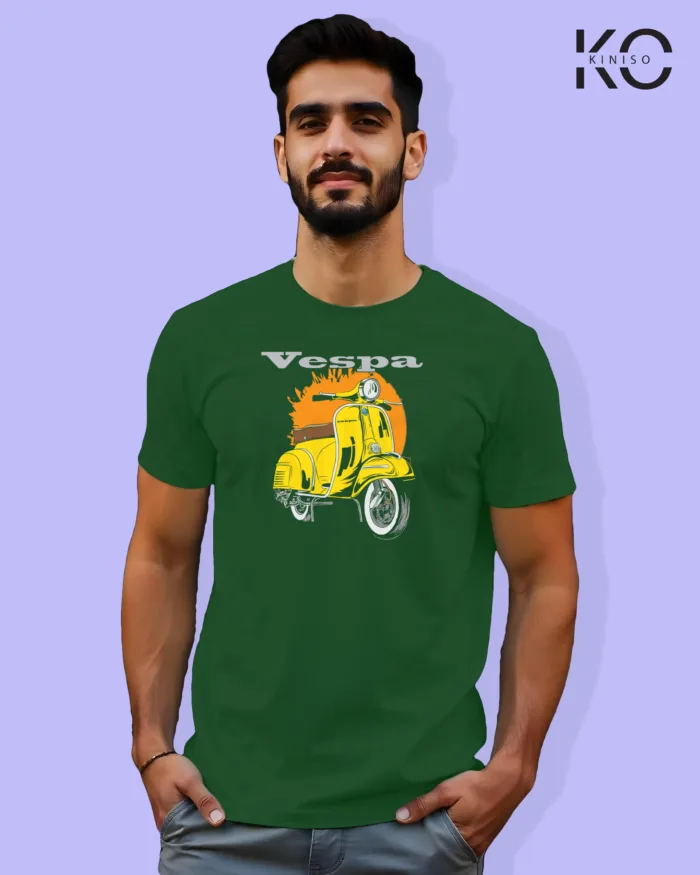 Image of Bottle Green Color Motorcycle t-shirts featuring graphics of Vespa Motorbike for bike riders & adventure seekers