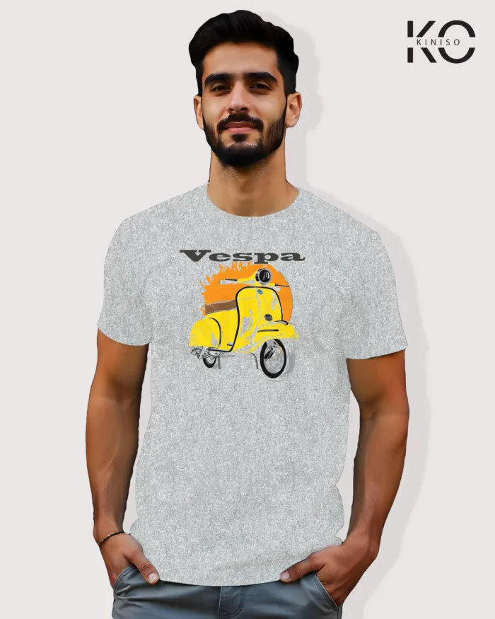 Image of Light Grey Color Motorcycle t-shirts featuring graphics of Vespa Motorbike for bike riders & adventure seekers