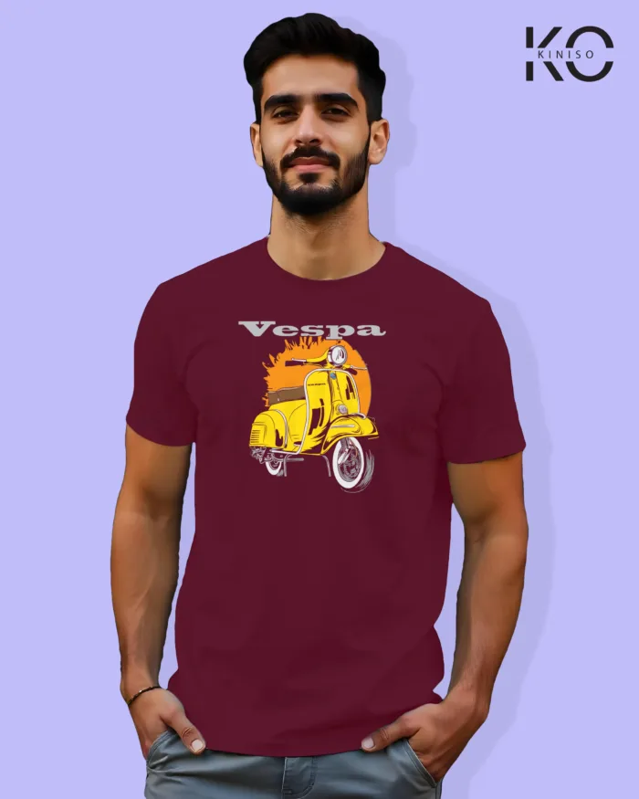 Image of Maroon Color Motorcycle t-shirts featuring graphics of Vespa Motorbike for bike riders & adventure seekers