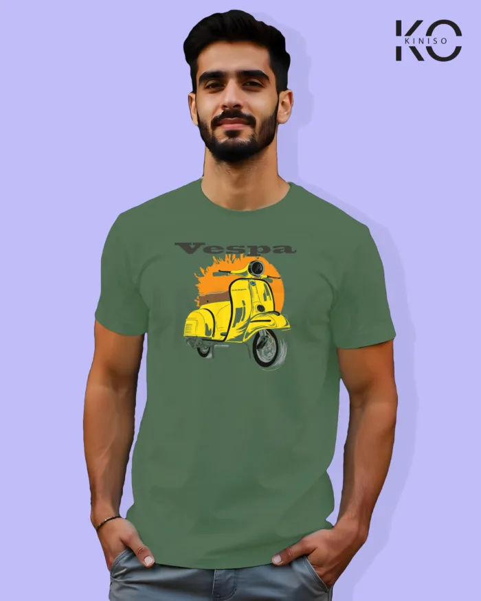 Image of Pastel Green Color Motorcycle t-shirts featuring graphics of Vespa Motorbike for bike riders & adventure seekers