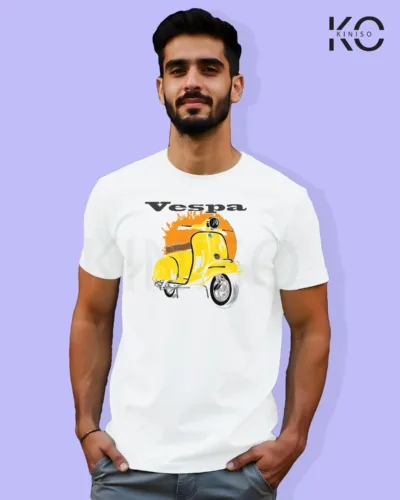 Image of White Color Motorcycle t-shirts featuring graphics of Vespa Motorbike for bike riders & adventure seekers