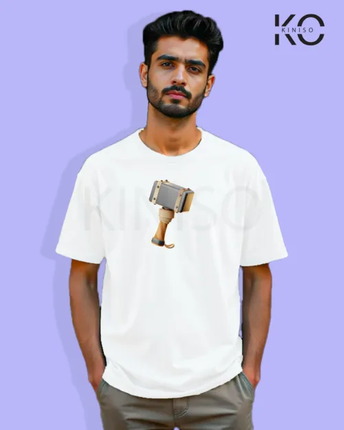 image of Gaming inspired white color Drop Shoulder t-shirt with War Hammer design for gamer in Bangladesh