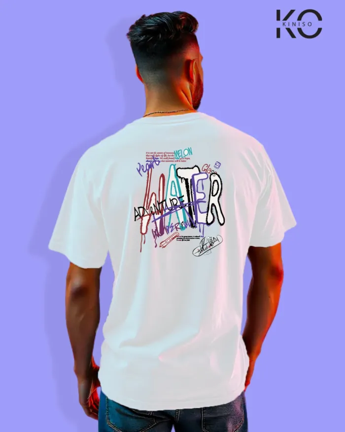 Image of Graffiti inspired design white color Drop Shoulder t-shirt with Water Adventure print for hip hop lovers