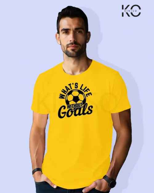 Image of Football inspired design half sleeve t-shirt | What's Life Without Goals Yellow