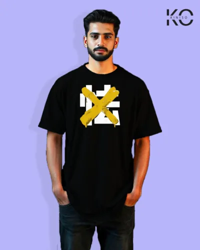 Image of Graffiti inspired design black color Drop Shoulder t-shirt with X Cross print for hip hop lovers