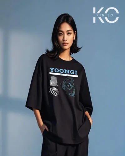 Image of Yoongi Like Cookie Printed Black color drop shoulder t-shirt for k-pop fan girls in Bangladesh by Kiniso