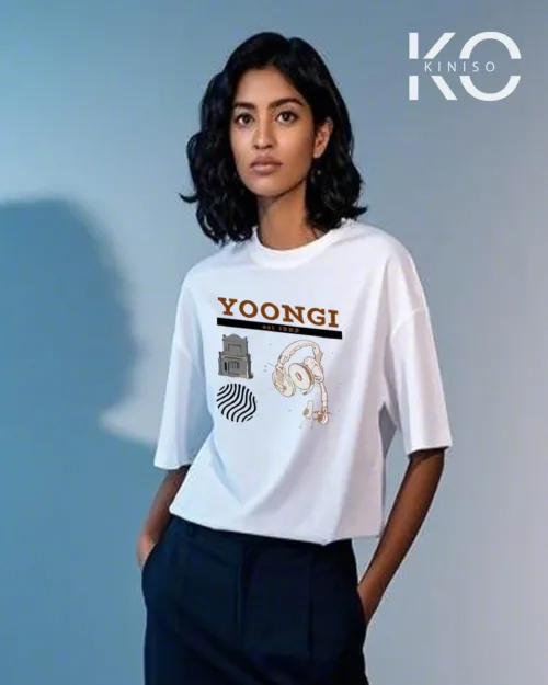 Image of Yoongi Like Cookie Printed White color drop shoulder t-shirt for k-pop fan girls in Bangladesh by Kiniso