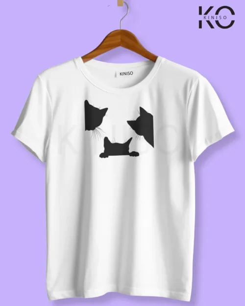 Image of white color cat lover t-shirt with 3 Cat peaking design at reasonable price