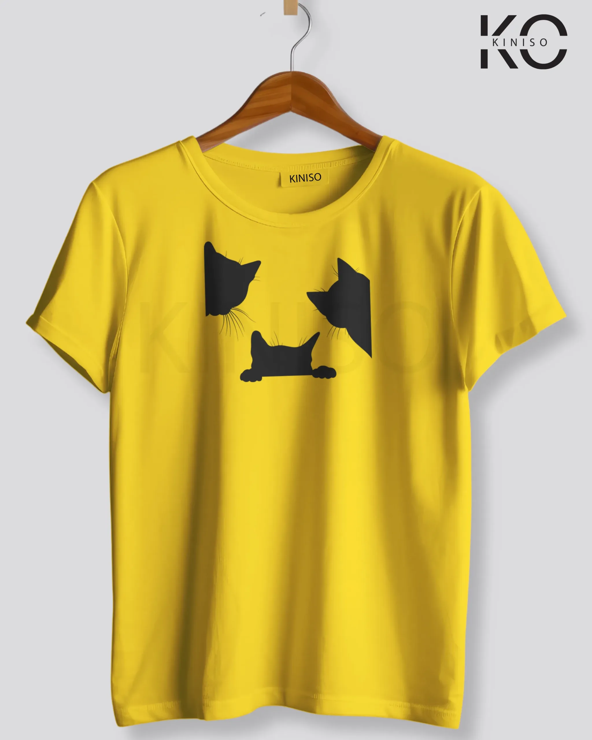 Image of yellow color cat lover t-shirt with 3 Cat peaking design at reasonable price