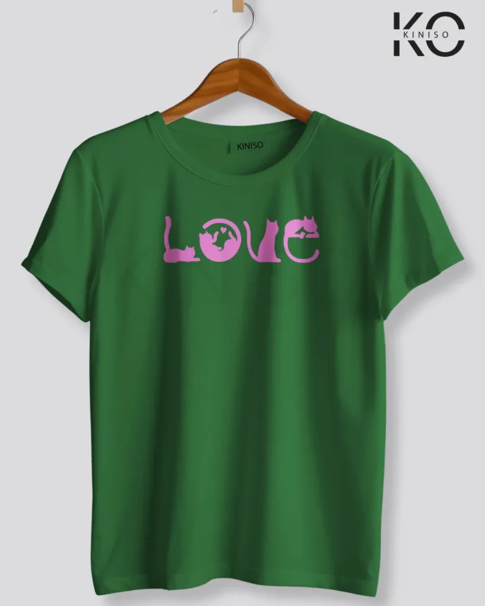 Image of bottle green color cat lover t-shirt with 4 cats playing print at reasonable price