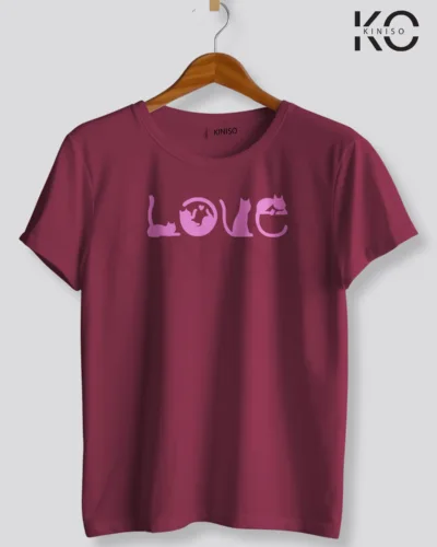 Image of Maroon color cat lover t-shirt with 4 cats playing print at reasonable price