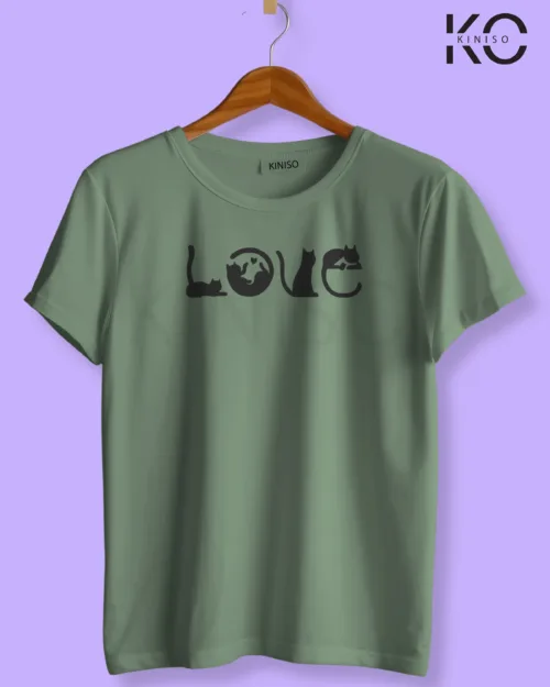 Image of pastel green color cat lover t-shirt with 4 cats playing print at reasonable price