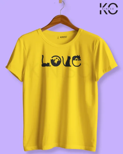 Image of Yellow color cat lover t-shirt with 4 cats playing print at reasonable price