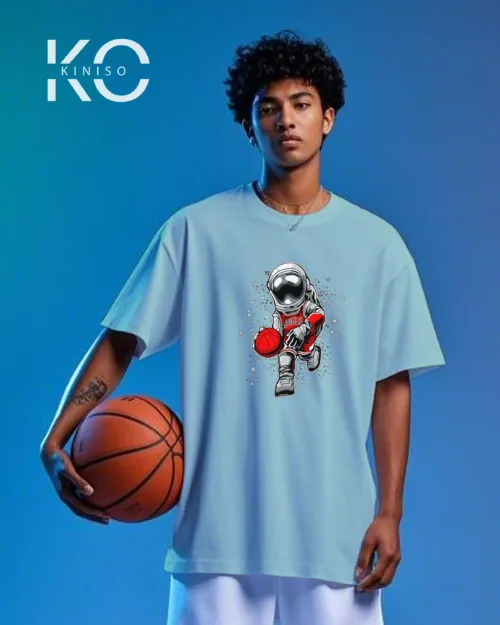 Image of Kiniso Periwinkle Blue color drop shoulder NBA T-Shirts with Astronaut Bull Print for basketball fan at reasonable price