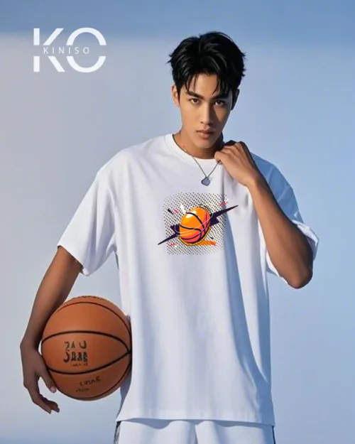 Image of white Color Drop Shoulder NBA Themed T-Shirt with Basketball Dots Print For Basketball lovers in Bangladesh