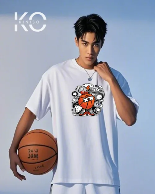 Image of White Color Drop Shoulder NBA Themed T-Shirt with Basketball Music Print For Basketball lovers in Bangladesh