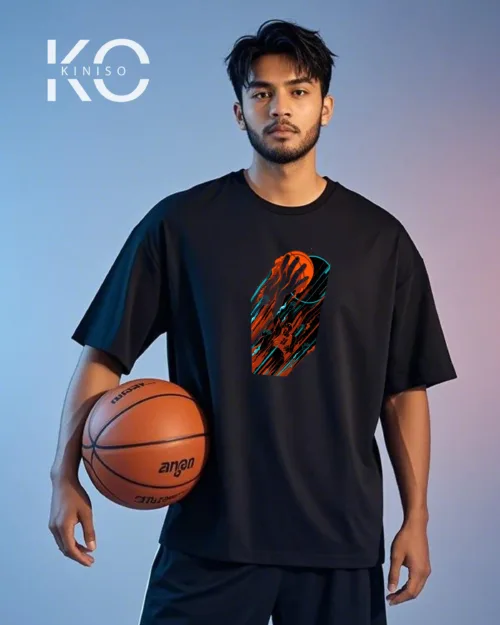 Image of Black Color Drop Shoulder NBA Themed T-Shirt with Basketball Throw Print For NBA lovers in Bangladesh