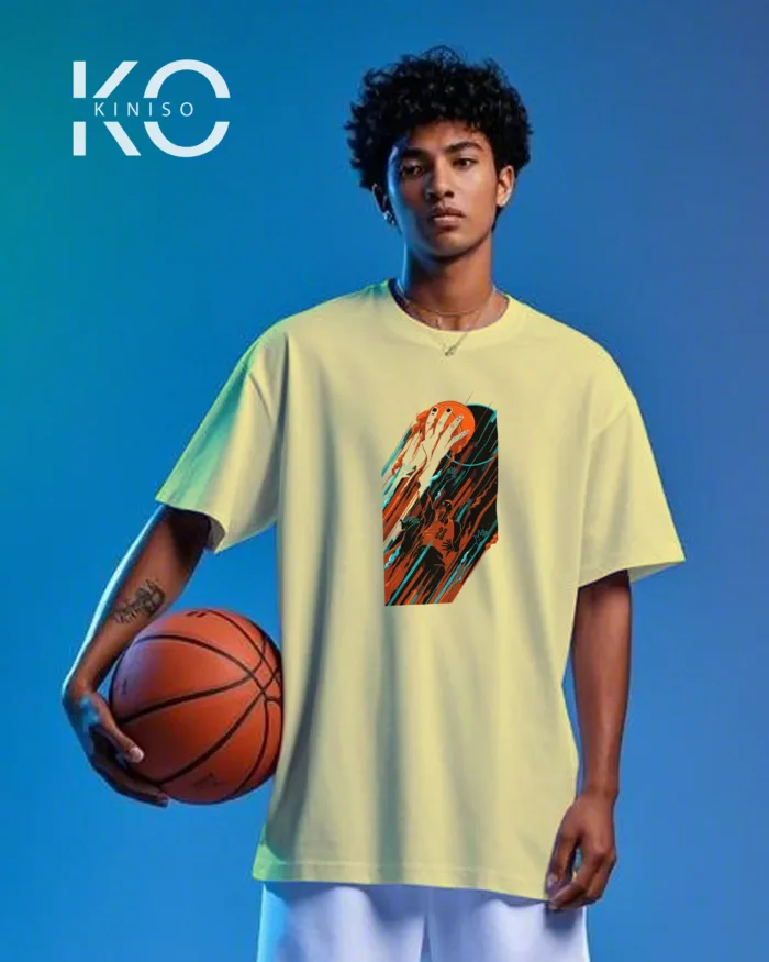 Image of Kiniso Off White color drop shoulder NBA T-Shirts with Basketball Throw Print for basketball fan at reasonable price