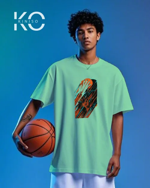 Image of Kiniso Pastal Mint color drop shoulder NBA T-Shirts with Basketball Throw Print for basketball fan at reasonable price