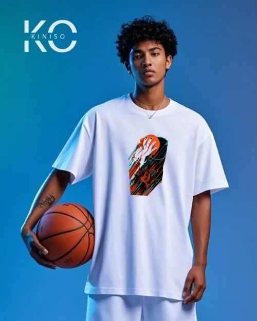 Image of white Color Drop Shoulder NBA Themed T-Shirt with Basketball Throw Print For NBA lovers in Bangladesh